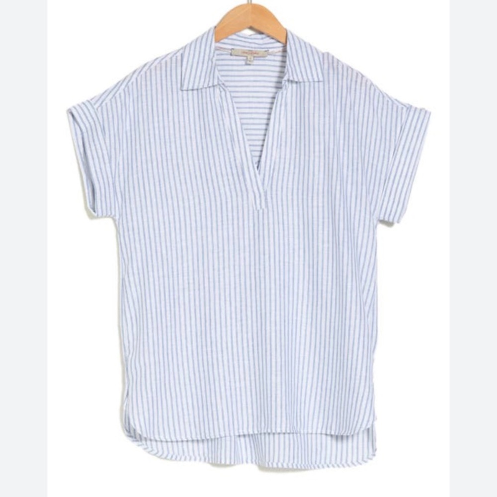 Casa Cabana Linen Blend Popover Shirt Blue White Stripe V-Neck Cuffed Sleeve XXL